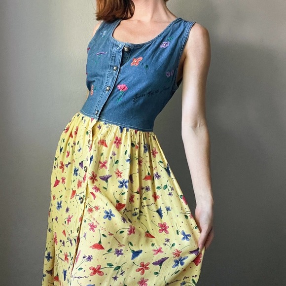 Vintage 1990s Denim + Yellow Floral Flowy Button Up Maxi Dress - Picture 3 of 6